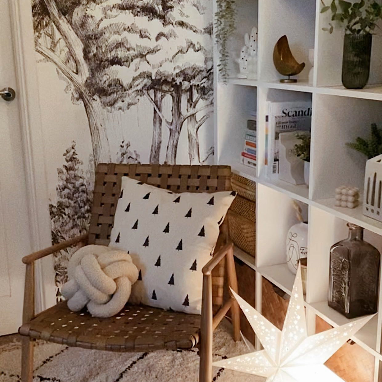 Cozy room with a wooden chair, white pillow, and bookshelf with decorative items.