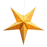 Decorative star-shaped lantern with a yellow and orange pattern on a white background