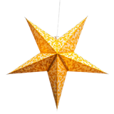 Decorative star-shaped lantern with a yellow and orange pattern on a white background