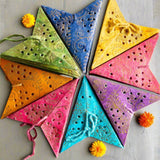 Set of 8 Colourful mini paper stars in red, yellow, blues and purples, perfect for holiday ornaments or year-round home decor accents.