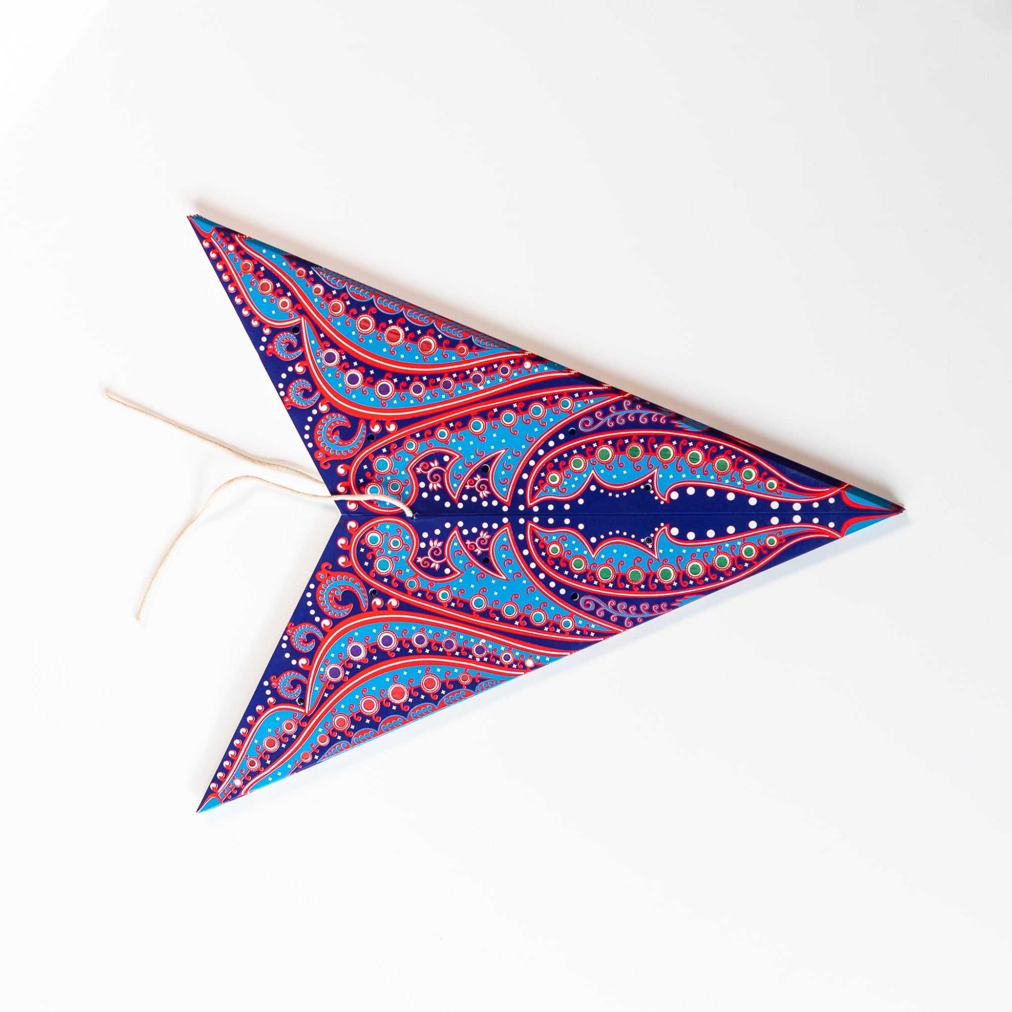 folded red and blue patterned star lantern