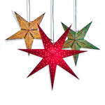 1 red, 1 yellow and 1 green paper star lanterns