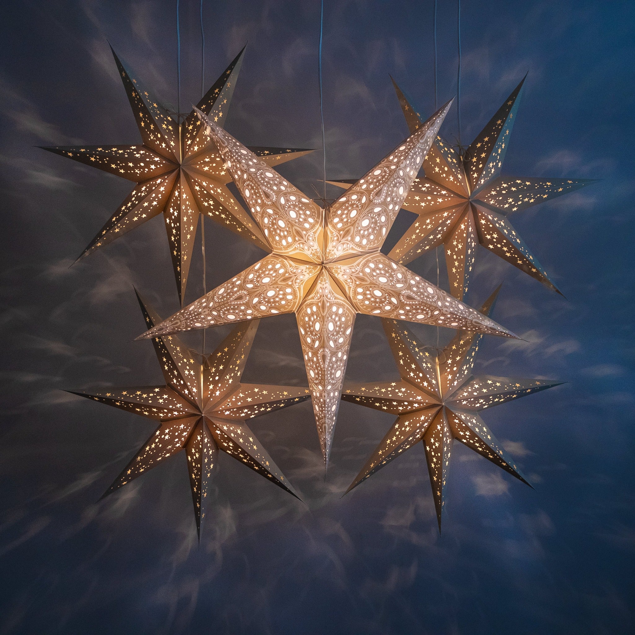 collection of 4 grey stars and large cream lace star lantern