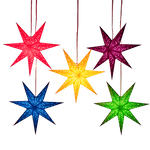 Five multicoloured paper star lanterns