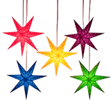 Five multicoloured paper star lanterns