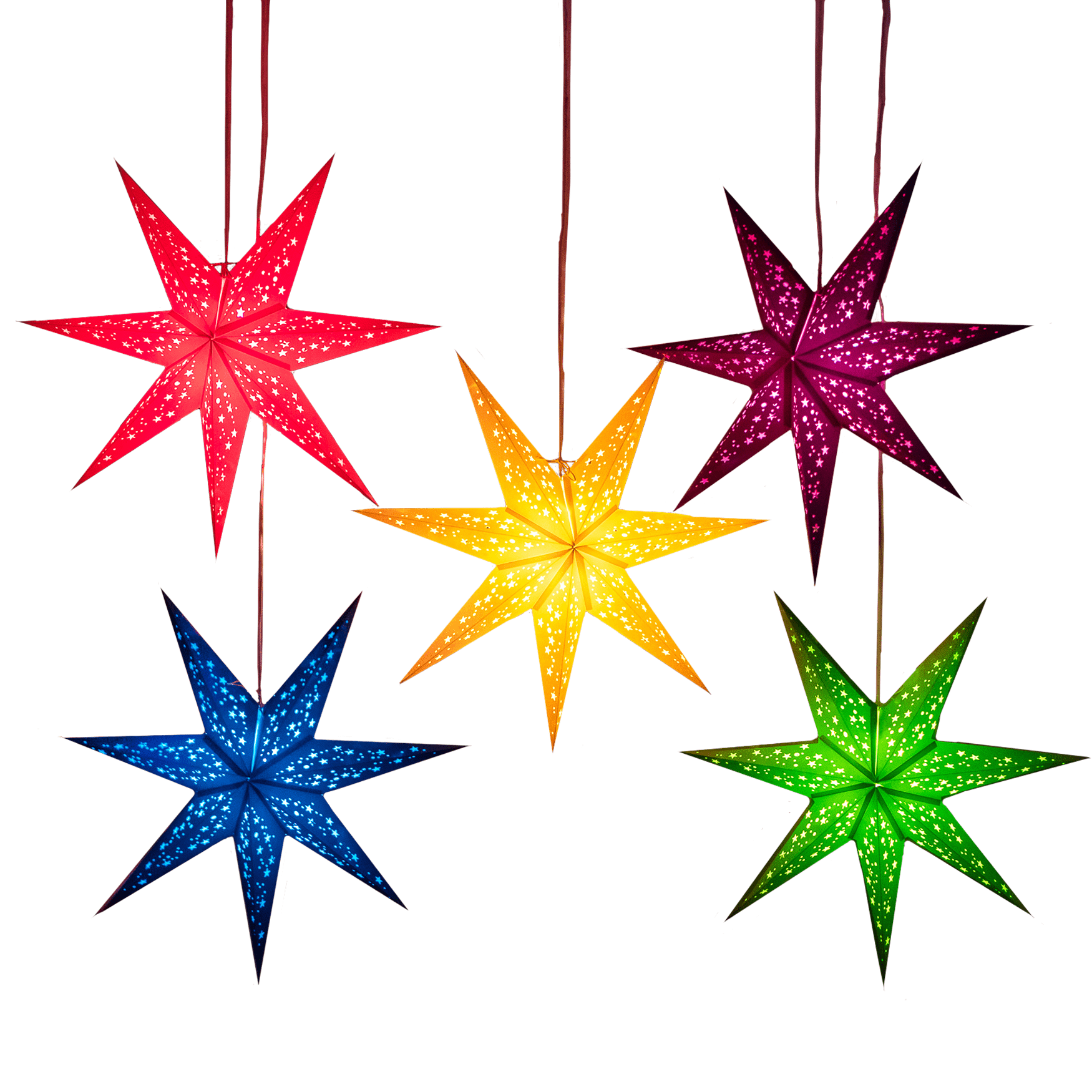 Five multicoloured paper star lanterns