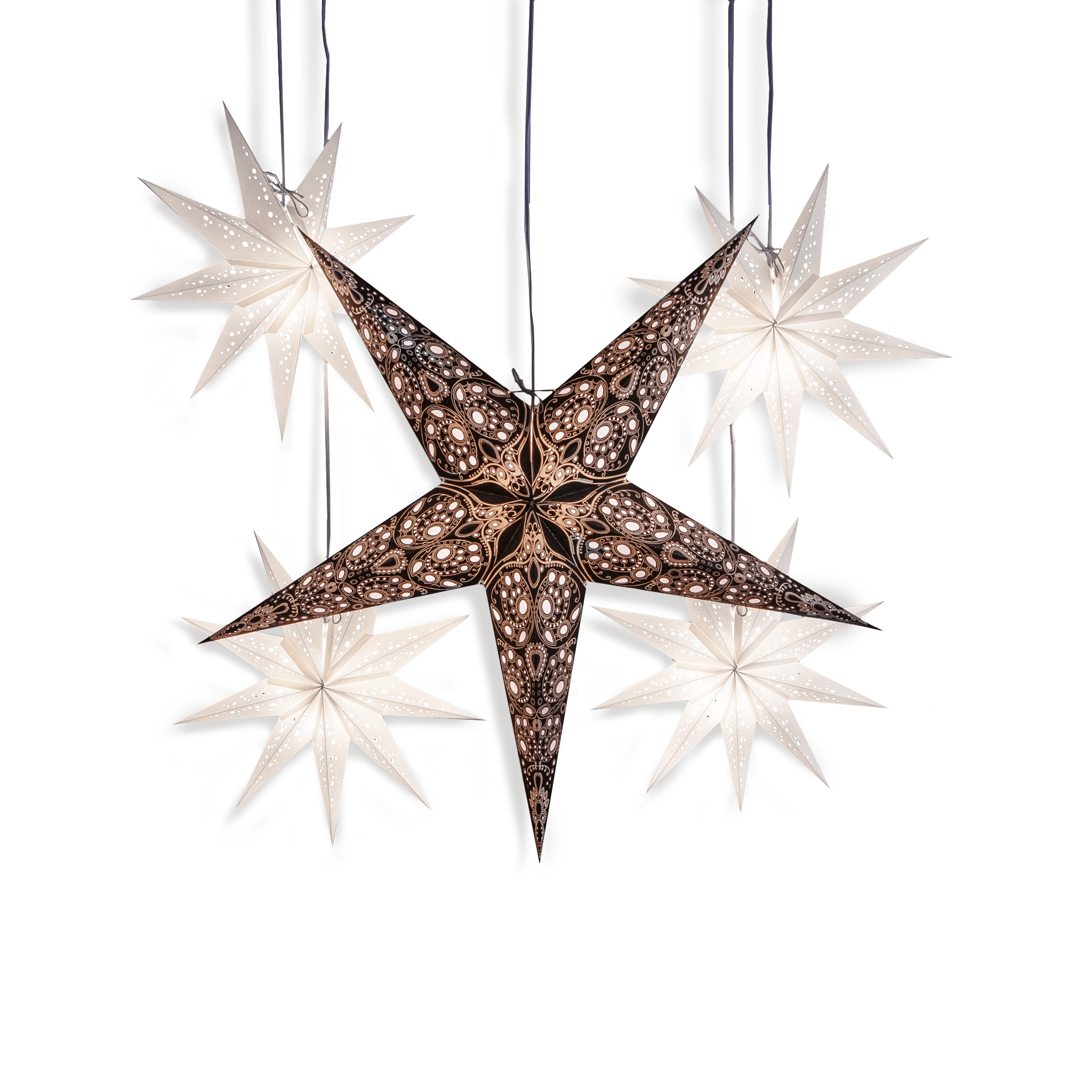 4 white 9 point stars and 1 large black/white star