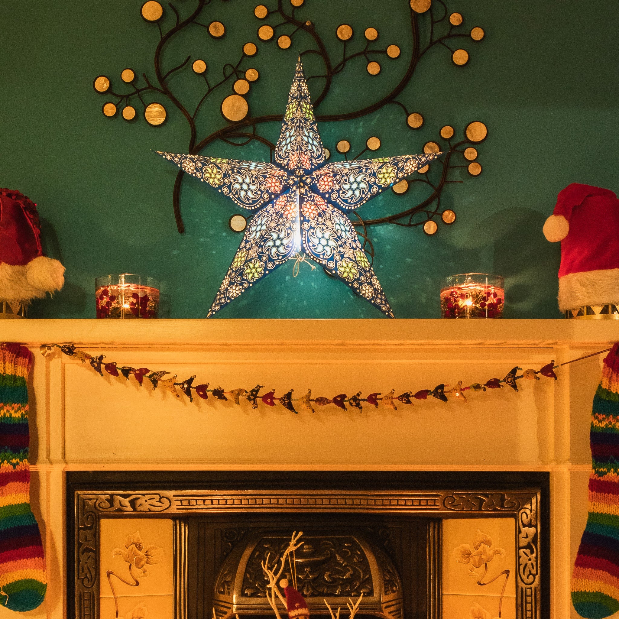 blue firework patterned star lantern illuminated