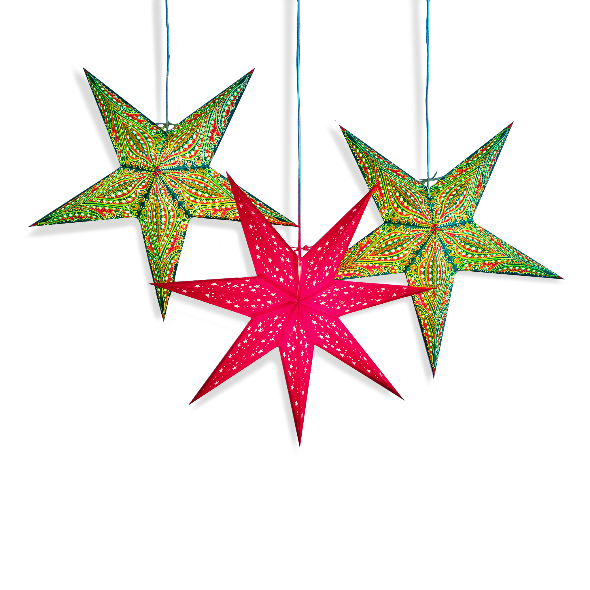 two green and one red star lantern