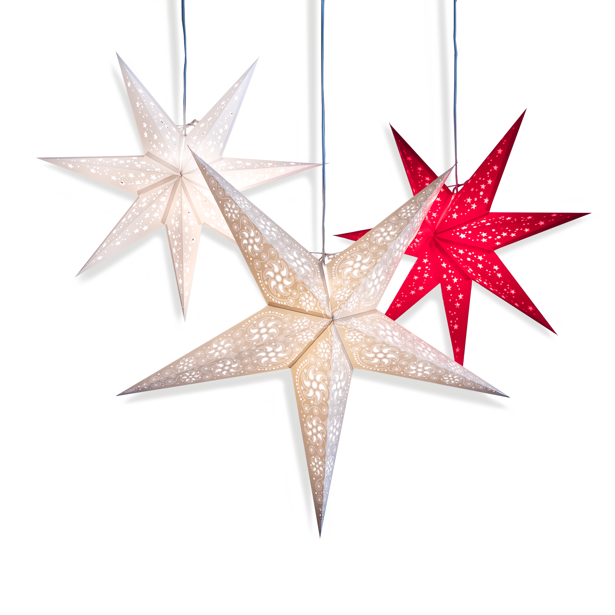 white, grey pattern and red star lanterns