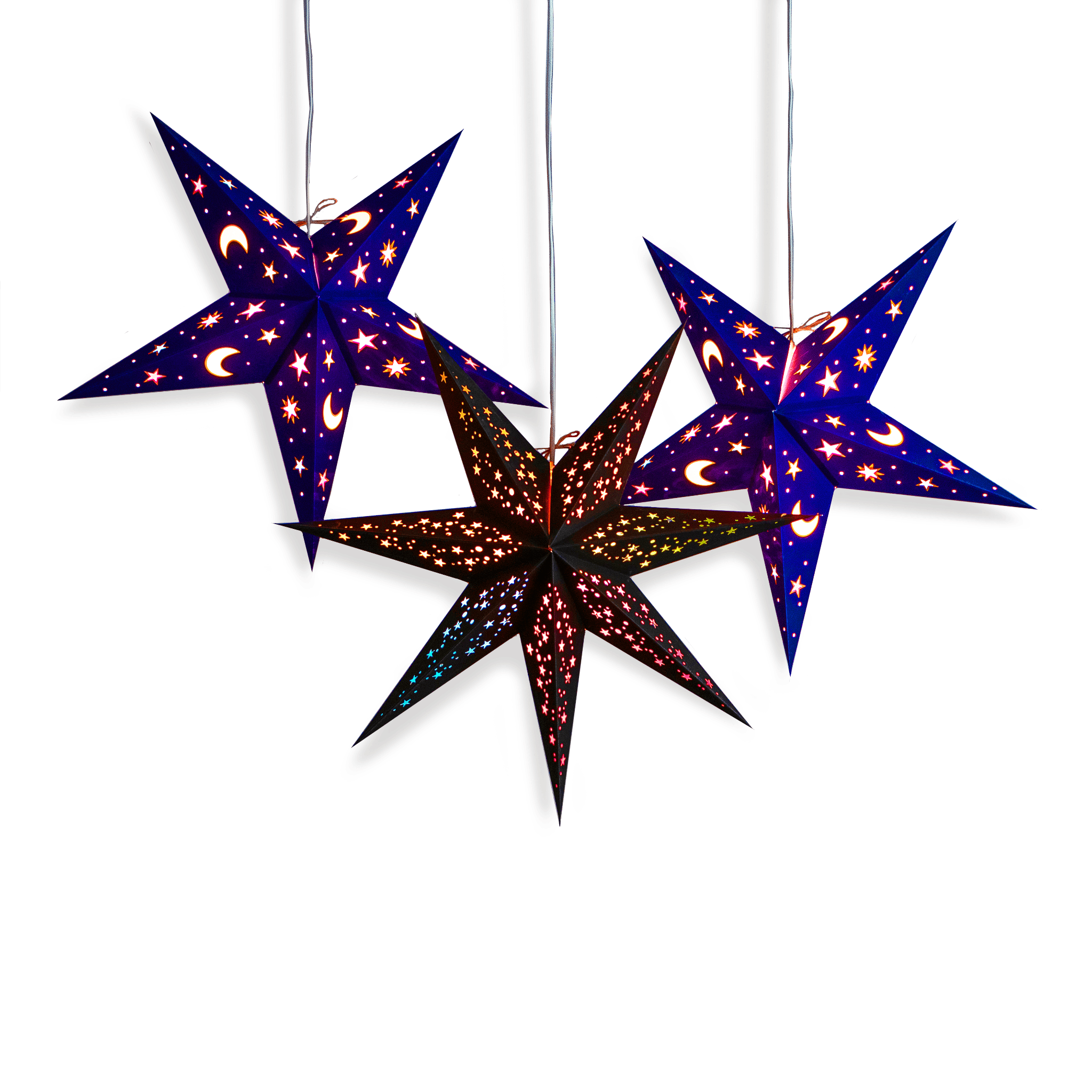 two moon and star and one rainbow/black star lanterns