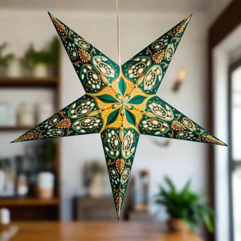 blue and gold pattern paper star lantern illuminated