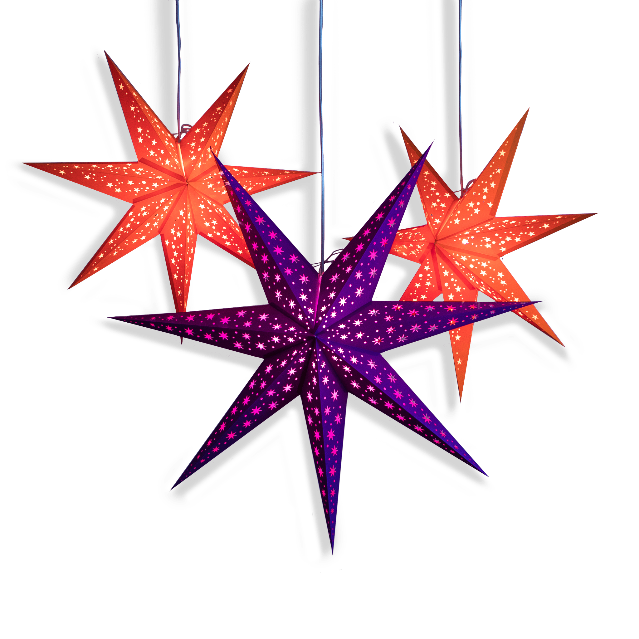 Orange violet and dark paper star lanterns styled for Halloween