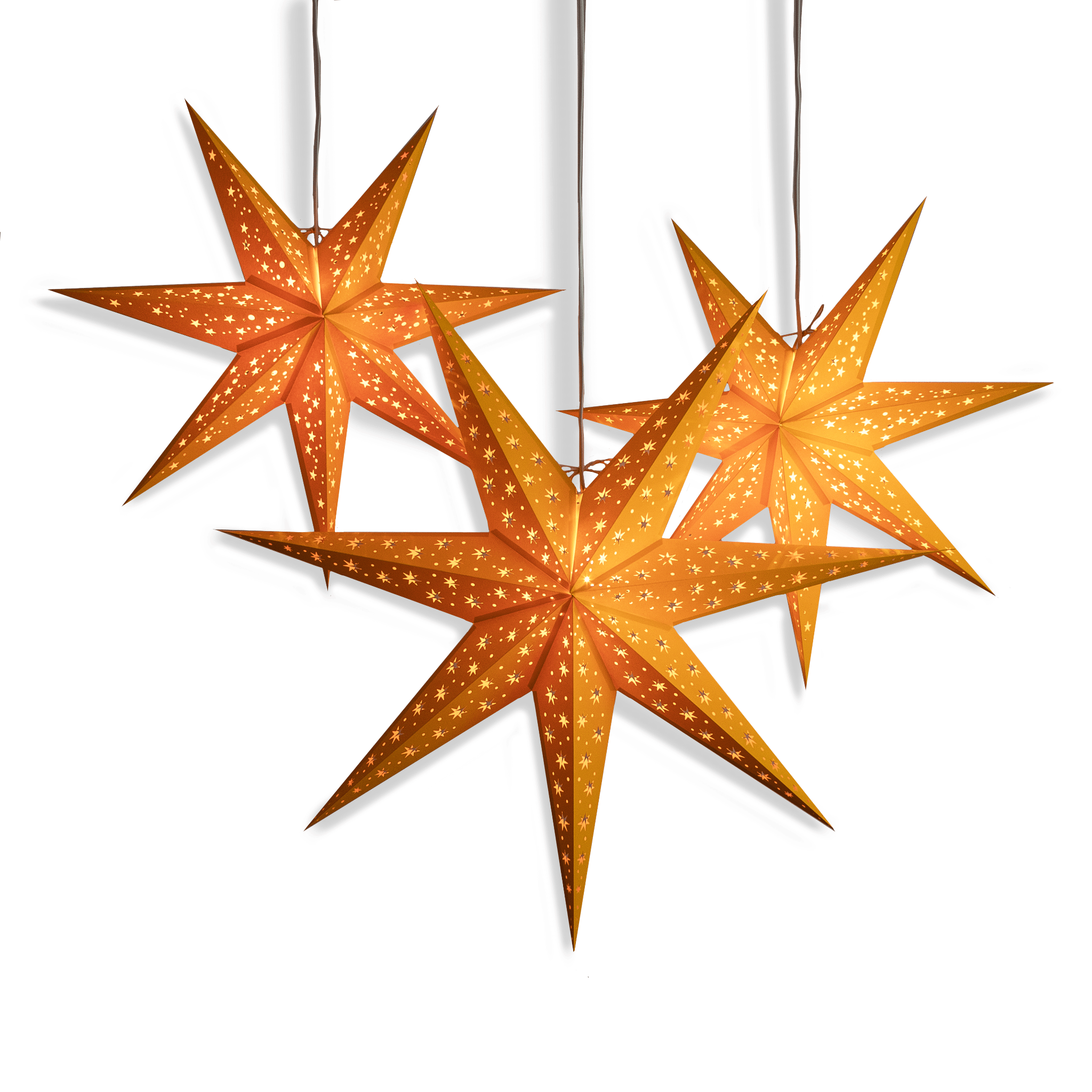 Golden handmade paper star lanterns glowing for Diwali celebrations