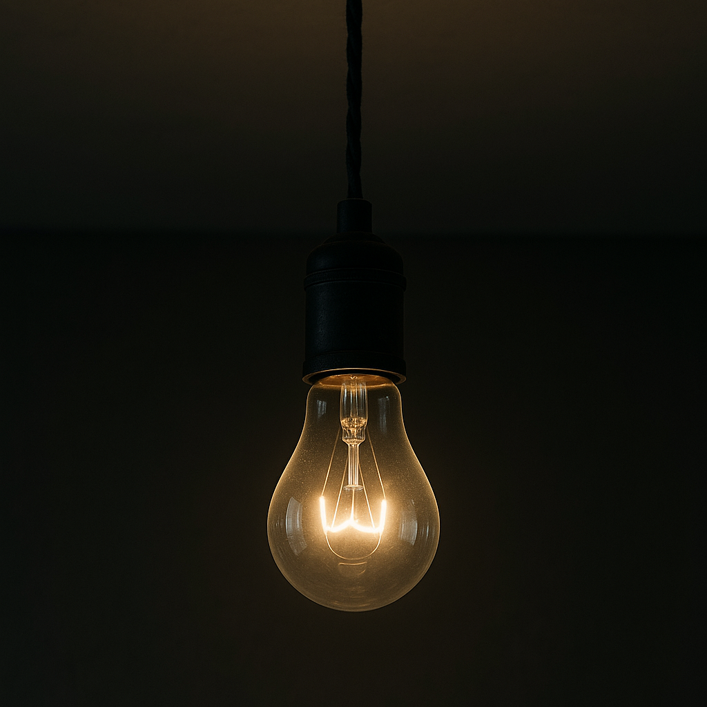 Light bulb hanging in a dark room
