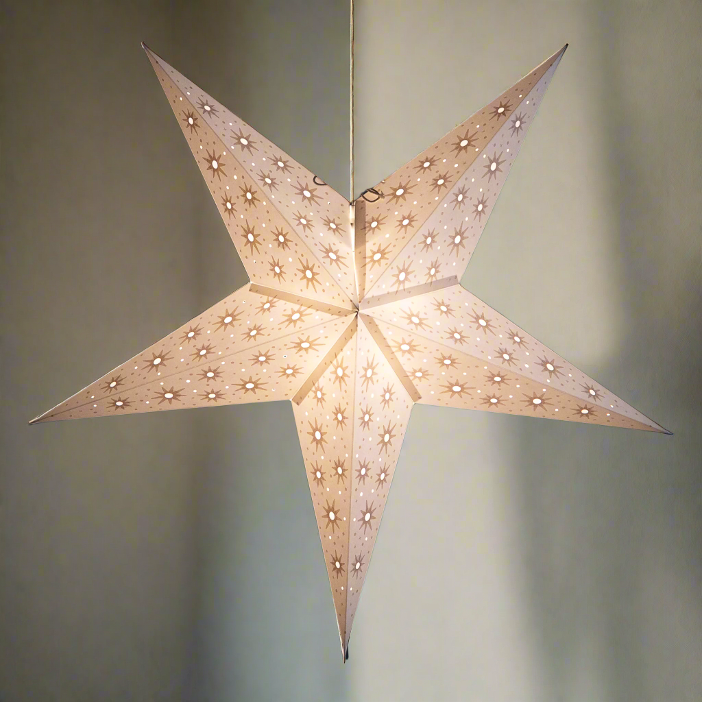 Star-shaped lantern with cut-out patterns on a white background