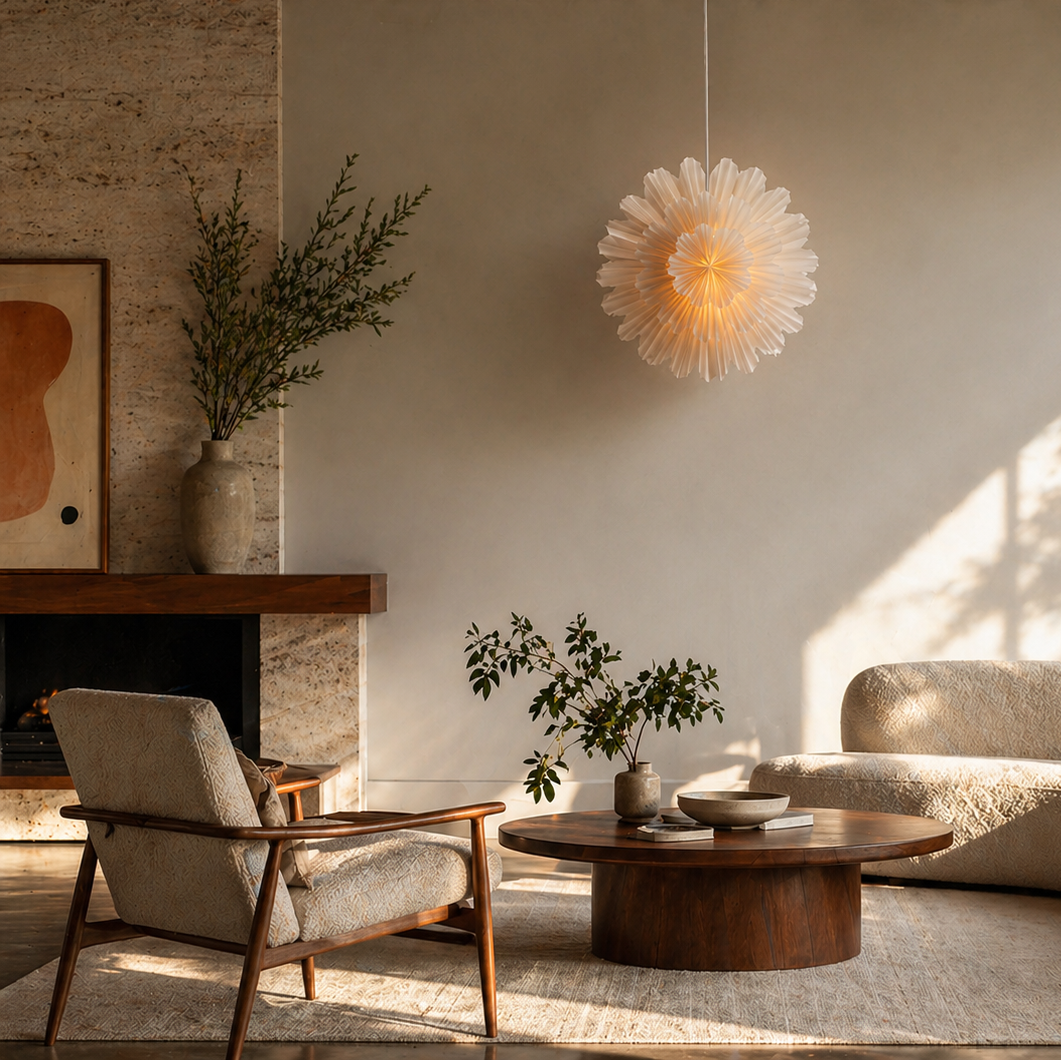 Modern living room with a wooden coffee table, armchair, and decorative light fixture.
