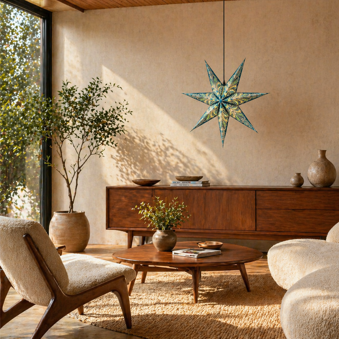 Living room with a star-shaped pendant light, wooden cabinet, and beige sofa.