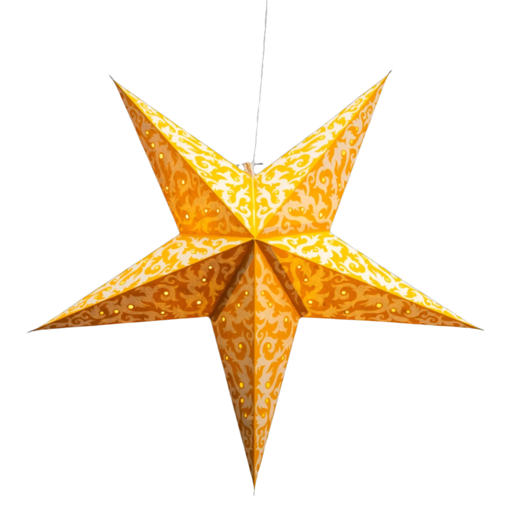 Decorative star-shaped lantern with a yellow and orange pattern on a white background