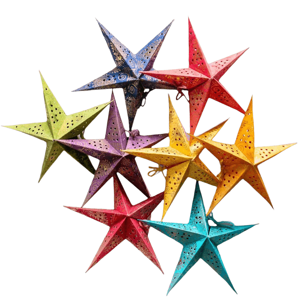 Set of 8 Colourful mini paper stars in red, yellow, blues and purples, perfect for holiday ornaments or year-round home decor accents.