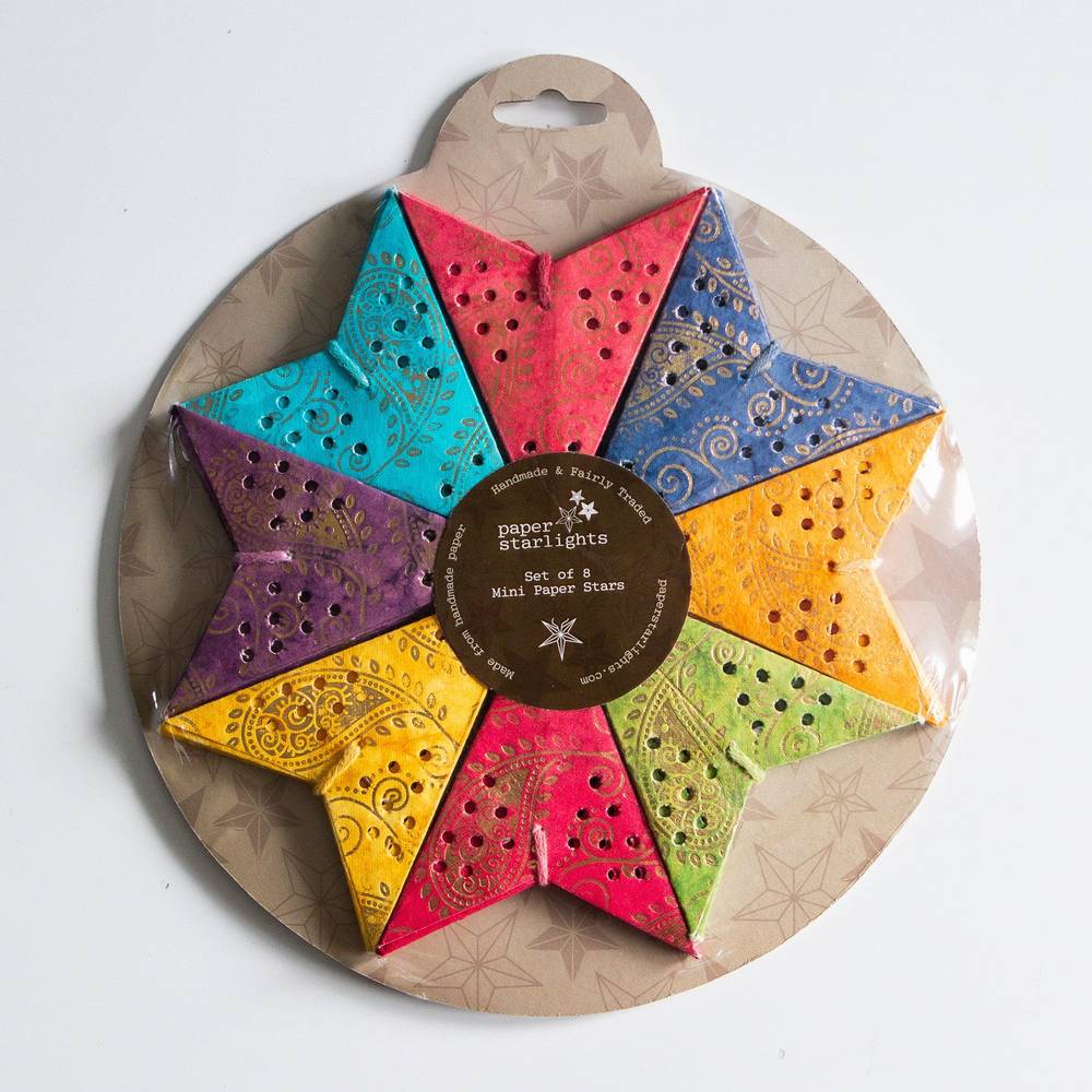 Set of 8 Colourful mini paper stars in red, yellow, blues and purples, perfect for holiday ornaments or year-round home decor accents.