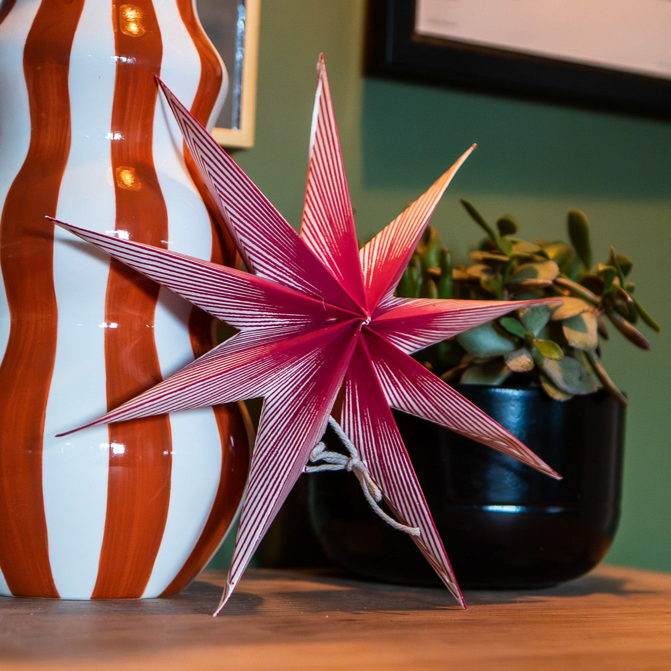 A decorative pink and red striped star-shaped succulent sits on a wooden table next to a wavy brown and white ceramic vase and a potted green plant against a green wall.