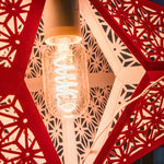 Close-up of Tiffany: Red paper star lantern lit from inside