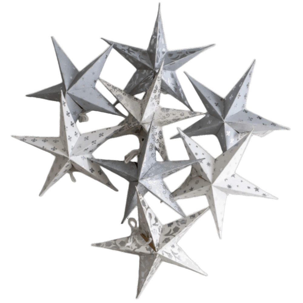 Set of 8 white mini paper stars in neutral and silver tones, perfect for holiday ornaments or year-round home decor accents.