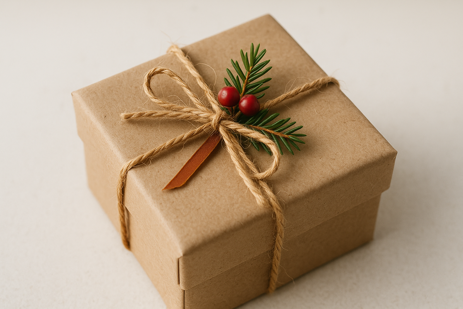 box tied with twine, natural materials, minimal festive sprig or ribbon for warmth