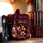 Decorative pumpkin-shaped lantern with string lights on a table, next to a vase with flowers.