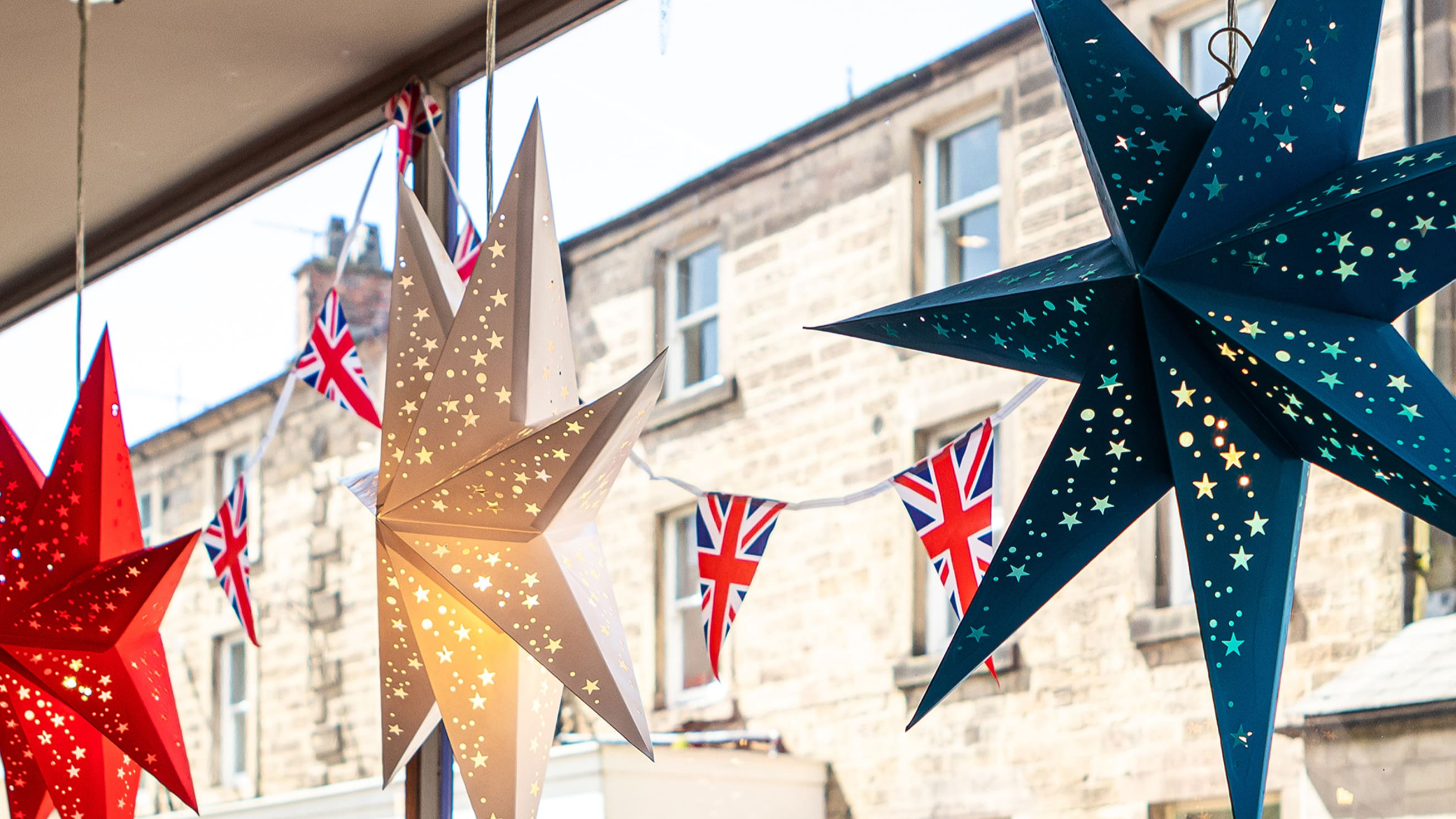 red, white and blue paper star lanterns