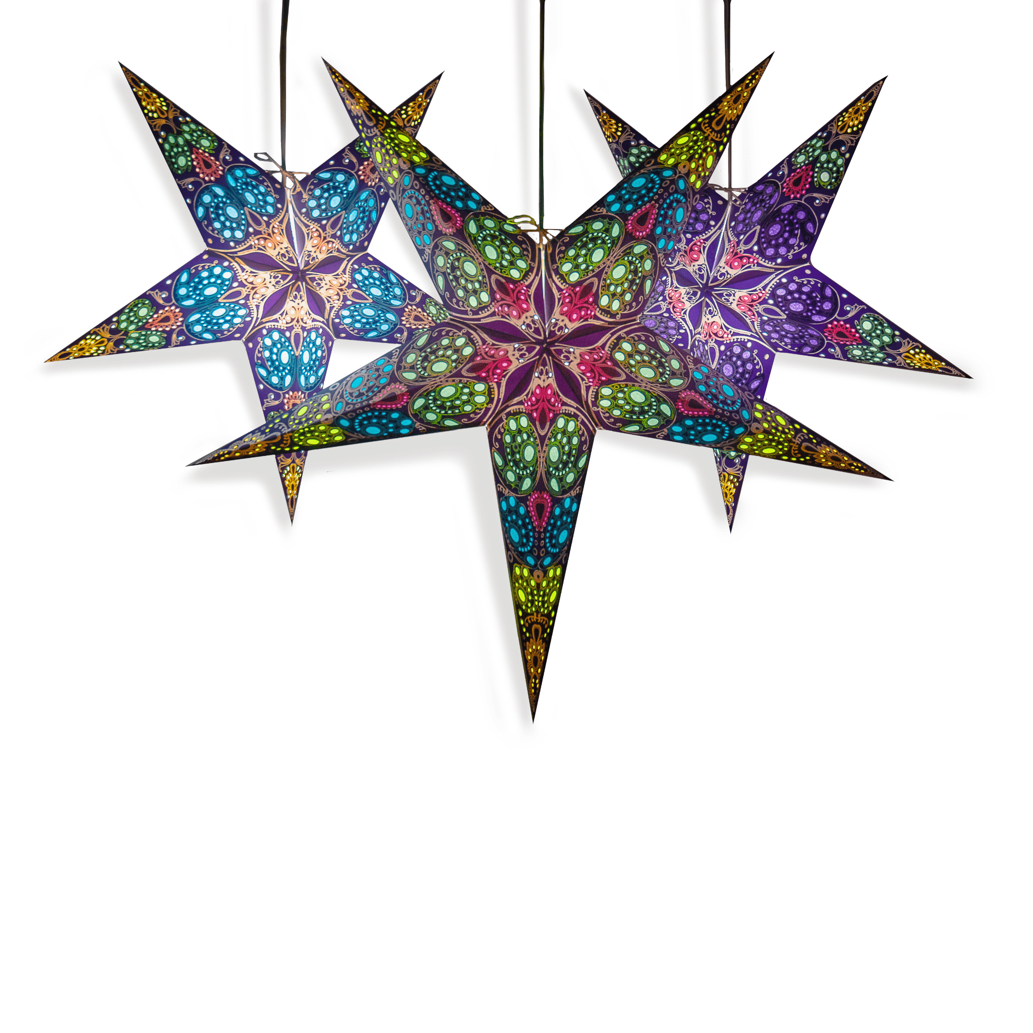 3 multi coloured paper star lanterns