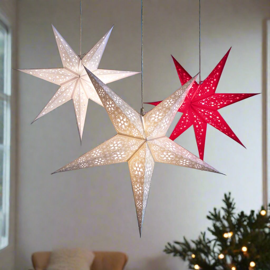 white, grey pattern and red illuminated star lanterns