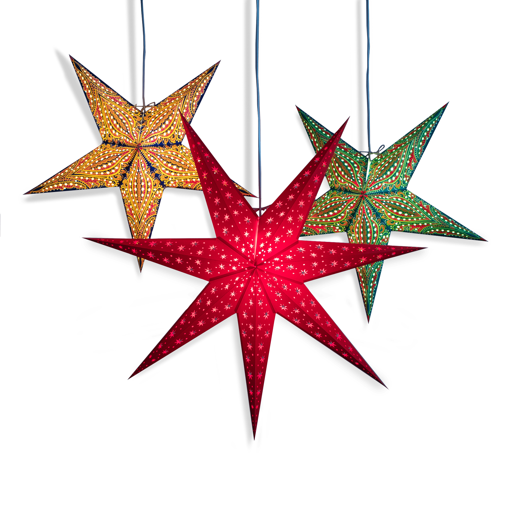 1 red, 1 yellow and 1 green paper star lanterns