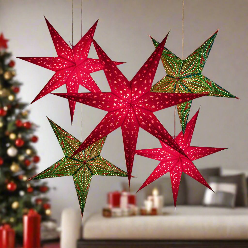 2 red, 1 large red, 2 green star lanterns illuminated
