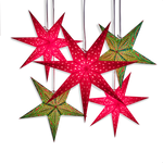 2 red stars, 1 large red star and 2 green star lanterns
