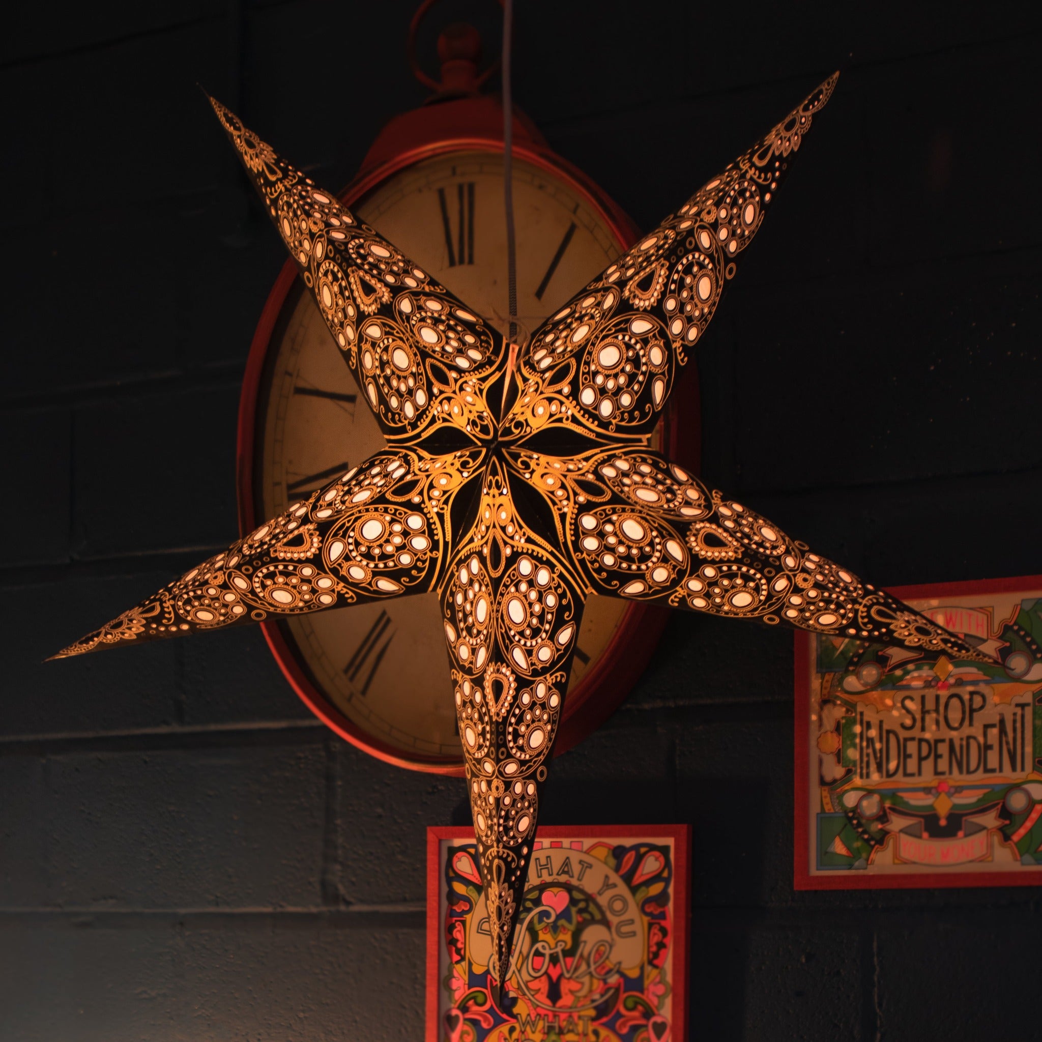 large black and white lace pattern paper star lantern illuminated 