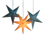 two blue patterned stars and one yellow