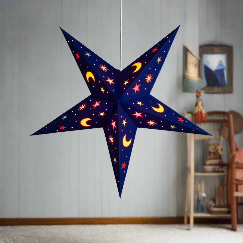 night sky blue multi coloured paper star lantern