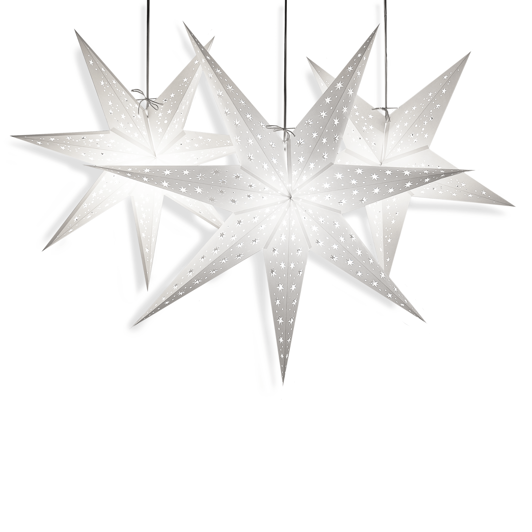 three white paper star lanterns