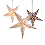 2 cream patterned stars and 1 black/white star lantern