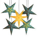 4 blue patterned and 1 yellow star lantern