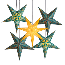 4 blue patterned and 1 yellow star lantern