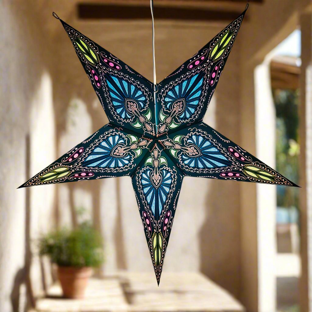 blue and green pattern paper star lantern illuminated 