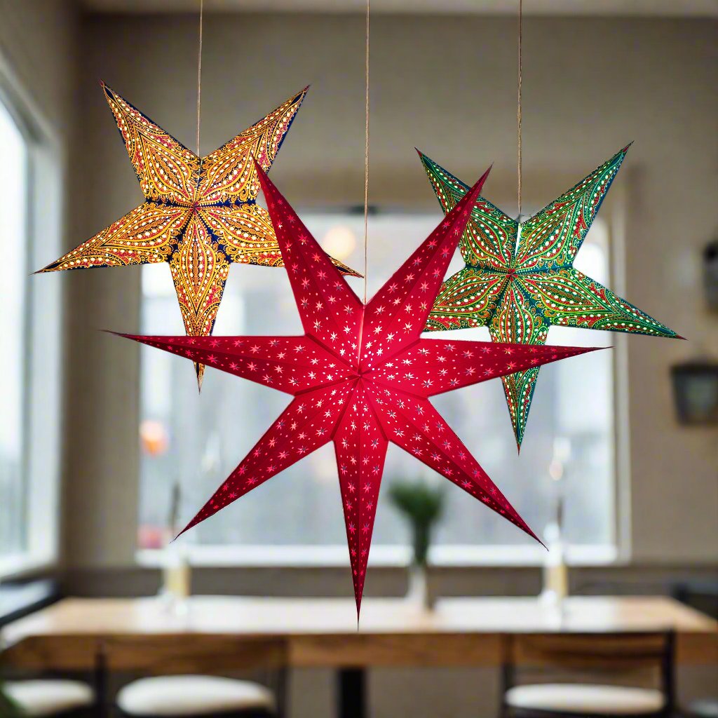 illuminated yellow, red and green paper stars