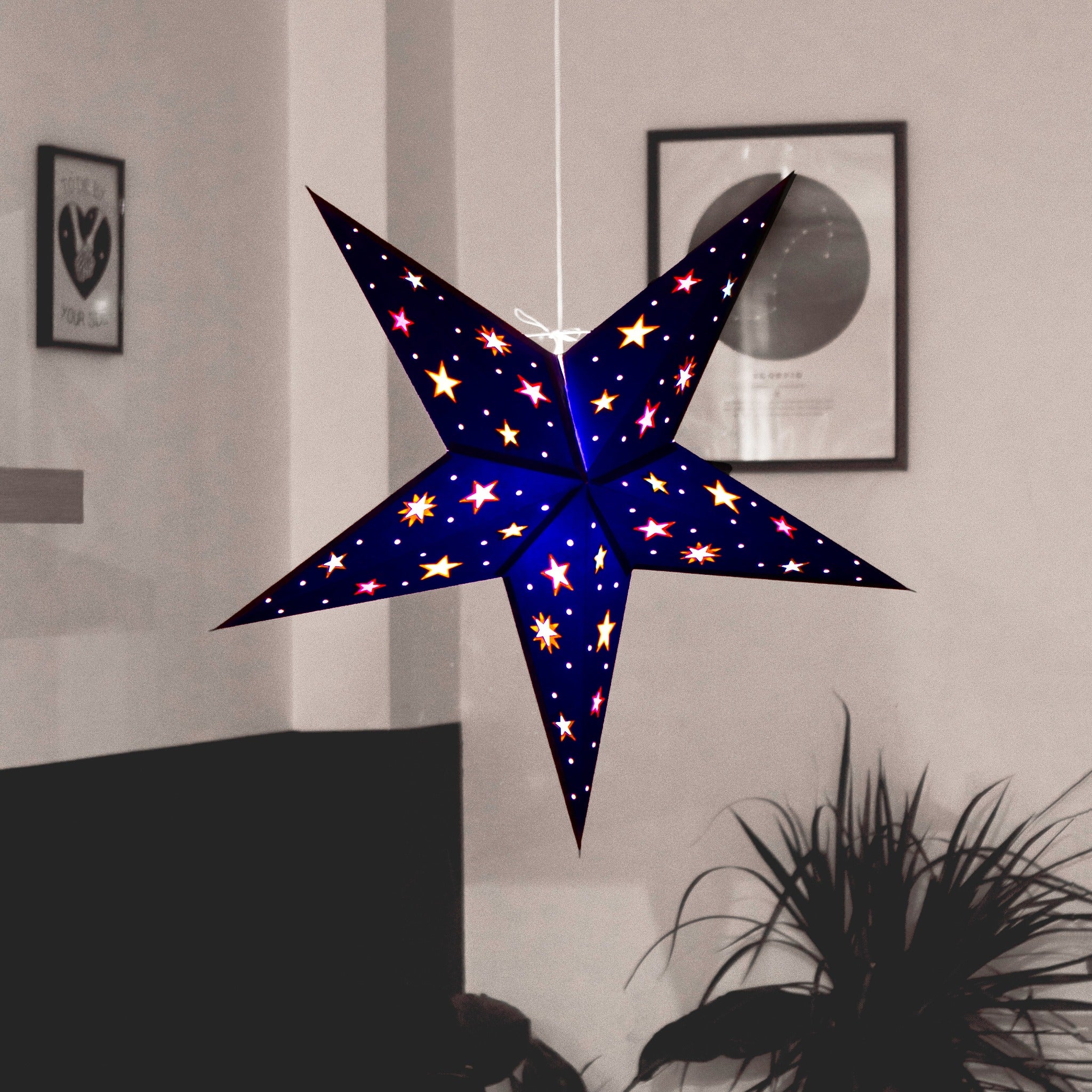 night sky blue multi coloured paper star lantern illuminated 