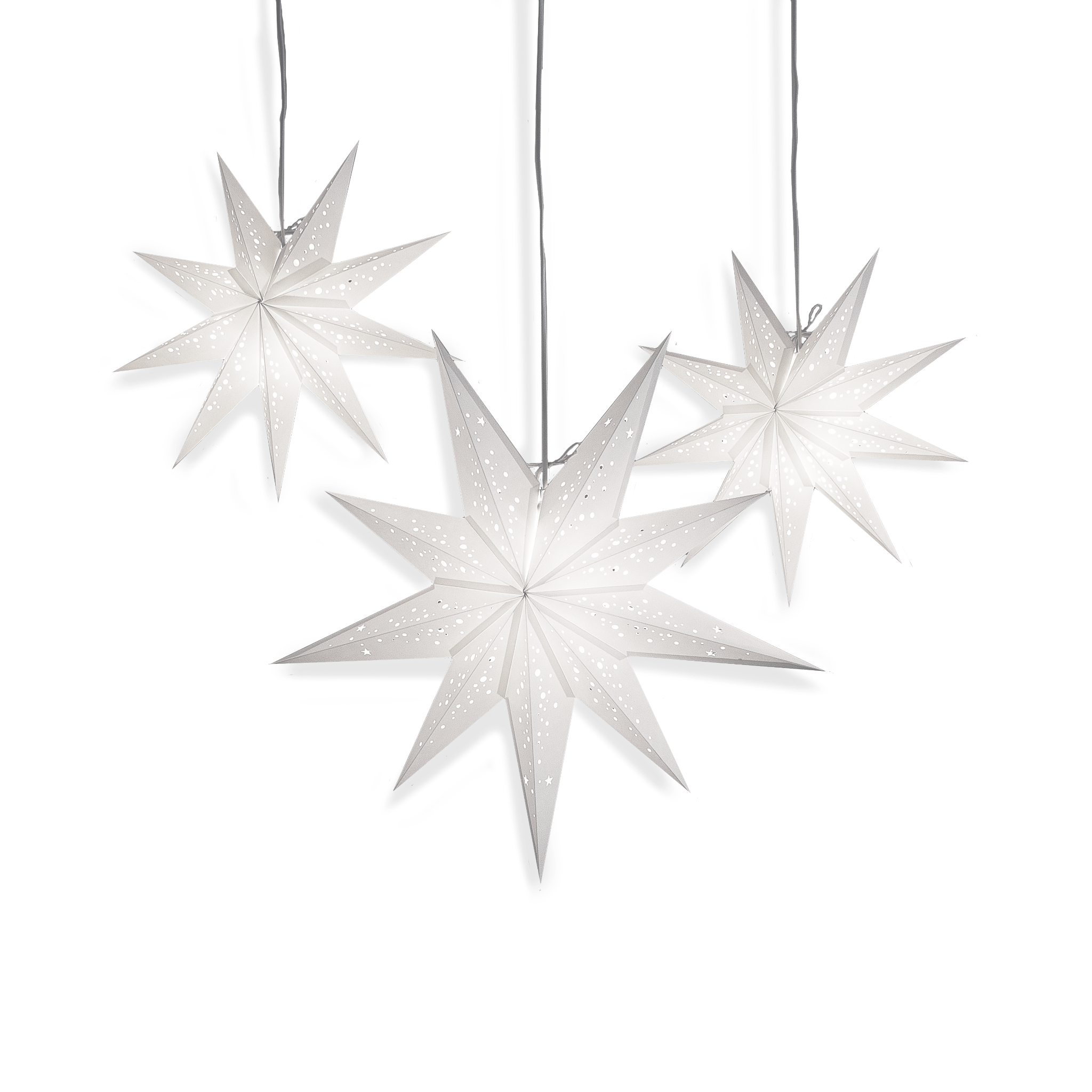 2 small and 1 regular white 9 point star lanterns